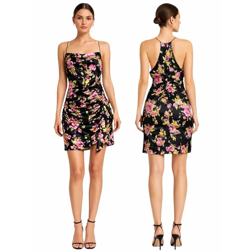 Likely Asta Floral Print Satin Mini Dress Ruffle Side Ruch Size 6